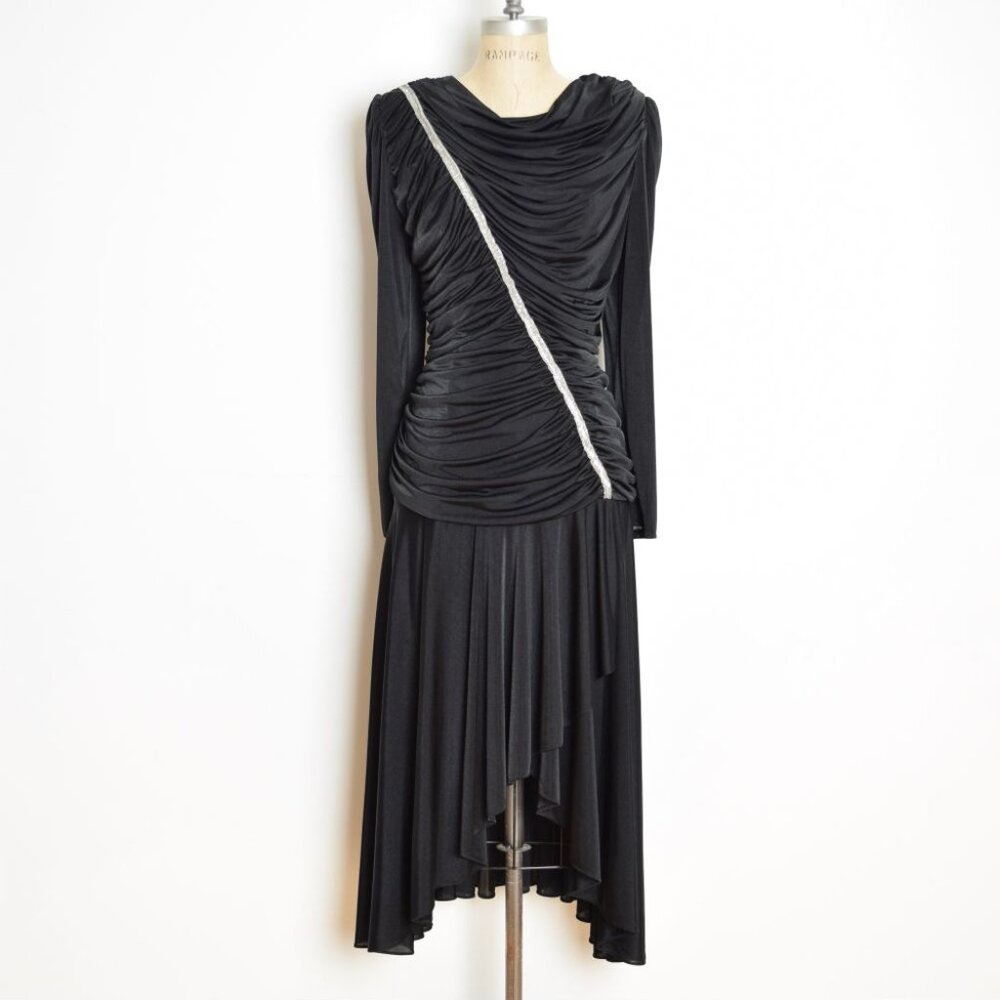 vintage 80s party dress black draped coffin ruched whimsigoth prom midi M